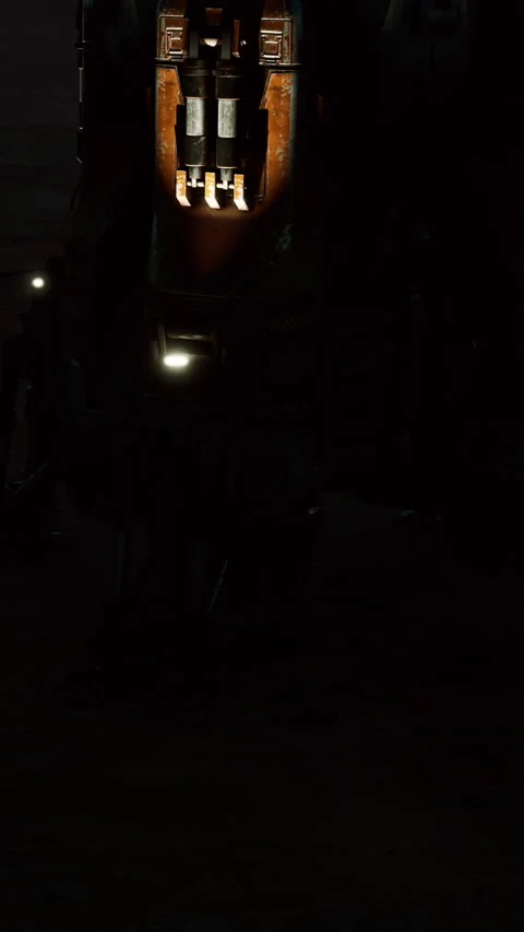 Robot stands in a dimly lit setting with visible lights and structure Video stock 339781694