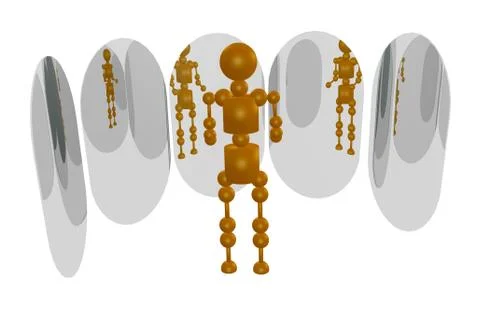 The robot stands in front of five oval mirrors. 3D rendering. Stock Illustration