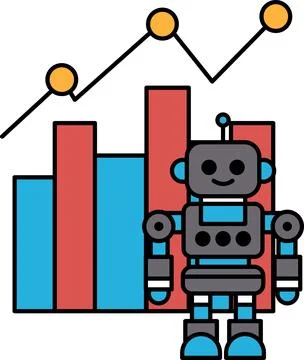 A robot stands in front of a graph with a smile on its face Stock Illustration