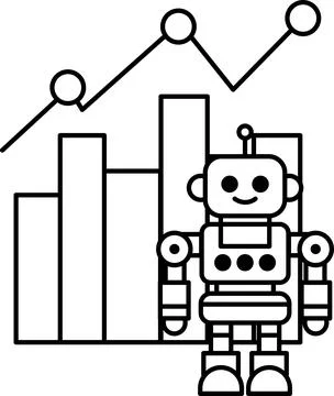 A robot stands in front of a graph with a smile on its face Stock Illustration