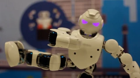 The robot stands on one leg and keeps balance. Modern robotic technologies Stock Footage 86285109