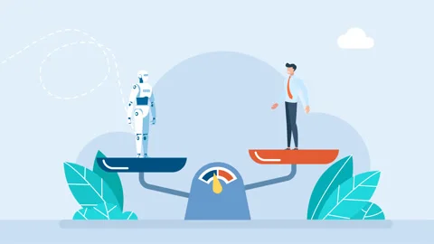 Robot stands on the scale, is heavier than man. Human and robot balance scales Stock Footage 259827653