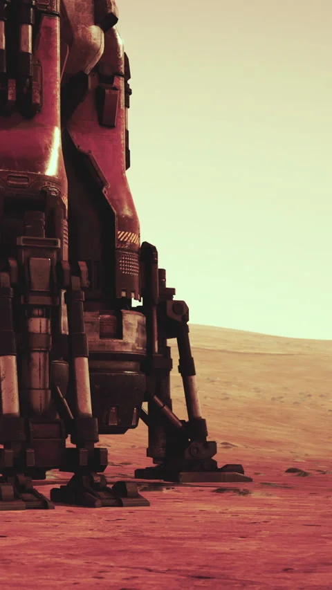 Robot stands on the surface of a distant planet during sunset Stock Footage 339040199