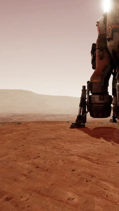 Robot stands on the surface of Mars with mountains in the background Stock Footage 339040855