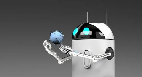 Robot studies a bacterium,robot with bacterium,3d render. Stock Illustration