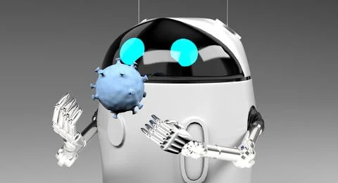 Robot studies a bacterium,robot with bacterium,3d render. Illustrazione stock