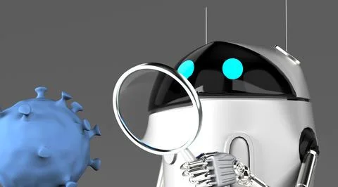 Robot studies a coronavirus with magnifier,robot with bacterium,3d render. 스톡 일러스트