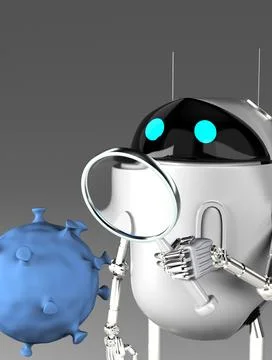 Robot studies a coronavirus with magnifier,robot with bacterium,3d render. Stock Photos