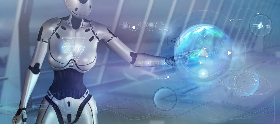 The robot is studying data from the Earth. 3D render Stock Illustration