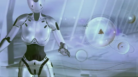 The robot is studying data from the Earth. 库存影片 156200404