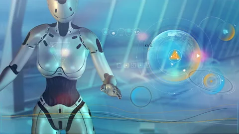 The robot is studying data from the Earth. 库存影片 157162526