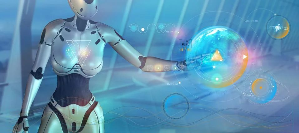 The robot is studying data from the Earth. Illustrazione stock