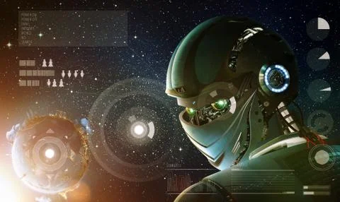 Robot stylish looking back with planet Earth from space. Future technology co Stock Photos