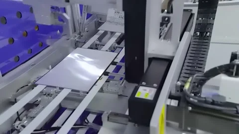 Robot with suction cups picks laptop cover from conveyor Видео 347981364