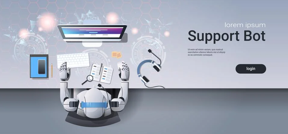 Robot support bot call center service operator in headphones sitting at 库存插图