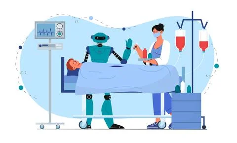 Robot at surgery operation. Cyborg helps doctor operate on patient. Artificial Illustrazione stock