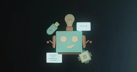 Robot surrounded by elements of modern technology Stock Footage 314731320