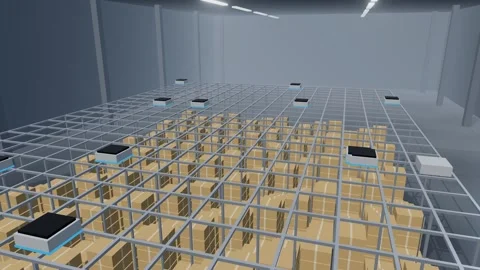 Robot Swarm Crawling The Grid Deck Of A Cube Storage System Stock Footage 344257763