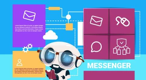 Robot with tablet messenger application presentation interface artificial Stock Illustration