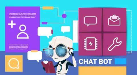 Robot with tablet messenger chat bot application presentation interface Stock Illustration