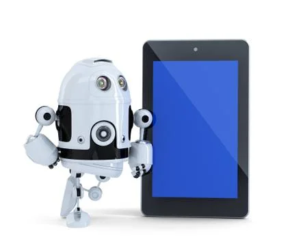 Robot with tablet pc. Isolated on white. Contains clipping path 스톡 일러스트