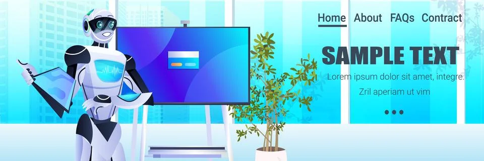 Robot with tablet pc making presentation robotic person working in office Stock Illustration