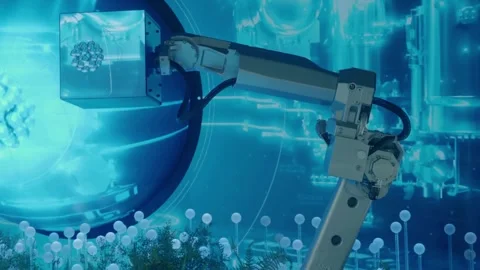 Robot takes part in show with multiple screens displaying computer graphics Vidéo 287946467