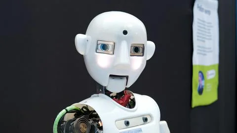 Robot talking with visitors at tech exhibition Stock Photos