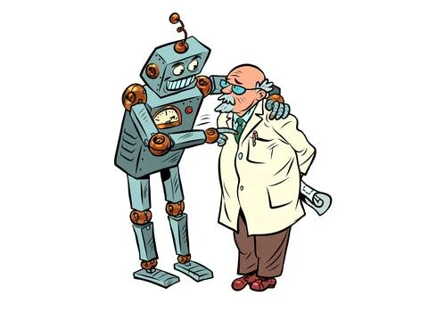 The robot talks to the professor, artificial intelligence and the human mind Stock Illustration