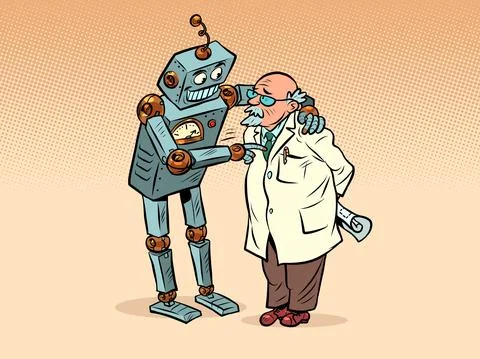 The robot talks to the professor, artificial intelligence and the human mind Stock Illustration