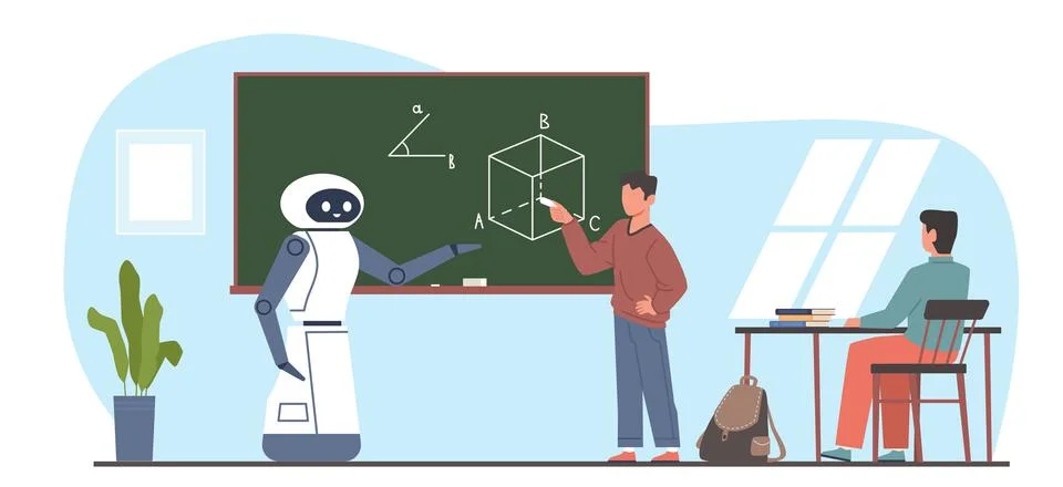Robot teacher and students work together at blackboard in classroom. Future Stock Illustration