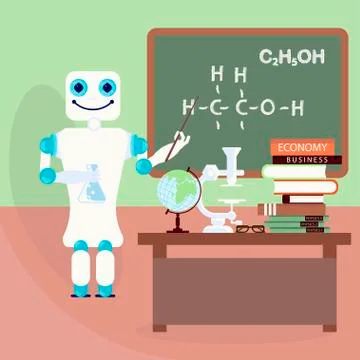 Robot teacher in front of board Illustrazione stock