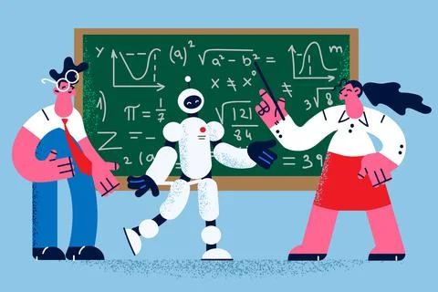 Robot teacher help students at board in college Stock Illustration