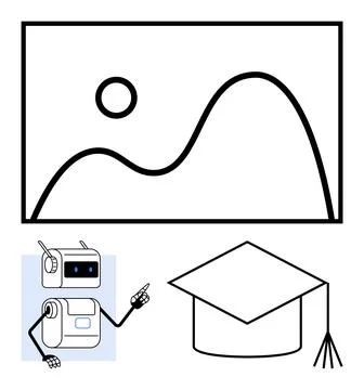 Robot Teacher Pointing at Line Graph with Graduation Cap Stock Illustration