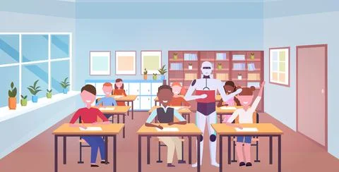 Robot teacher with pupils at lesson artificial intelligence technology education Stock Illustration