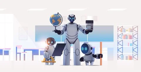 Robot teacher with robotic students standing in classroom artificial Illustrazione stock
