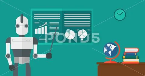 Robot teacher standing with pointer in classroom. Stock Illustration