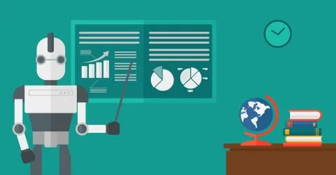 Robot teacher standing with pointer in classroom. Stock Illustration