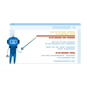 Robot teaching programming code on computer screen 스톡 일러스트