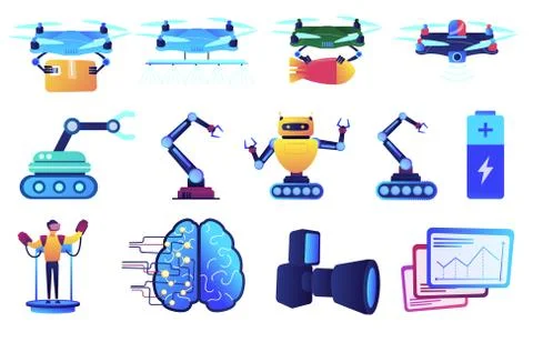Robot technology and drone delivery service vector illustrations set. Illustrazione stock