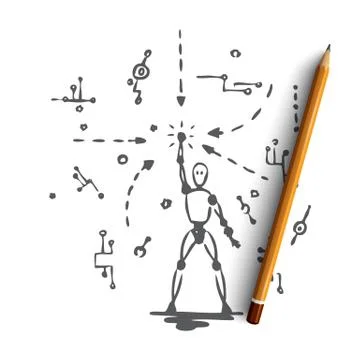 Robot, technology, data, android, digital concept. Hand drawn isolated vector Stock Illustration