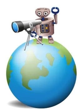 A robot with a telescope above a globe Illustrazione stock