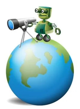 A robot with a telescope above the globe Illustration