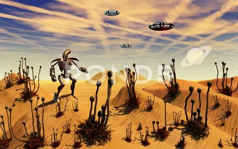 A robot tending to a desert garden located on a moon. Stock Illustration