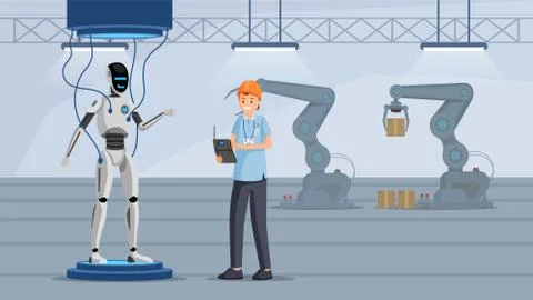 Robot testing process flat vector illustration. Cheerful tester in hard hat Illustrazione stock