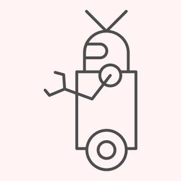 Robot thin line icon. Artificial intelligence bot with wheels and hand, side 스톡 일러스트