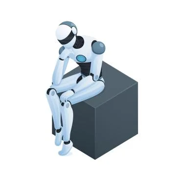 Robot Thinking On Cube Isometric Composition Stock Illustration