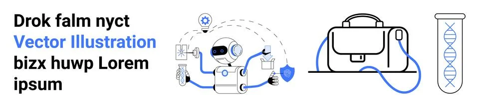 Robot thinking with graphical elements, business briefcase, DNA helix in test Stock Illustration