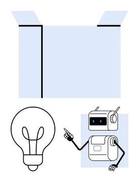 Robot Thinking Outside the Box with Lightbulb Symbolizing Innovation and Cr.. Illustrazione stock