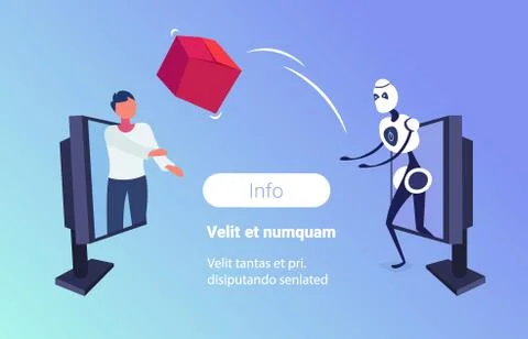 Robot throwing cardboard box to man customer from laptop screen online shopping Stock Illustration